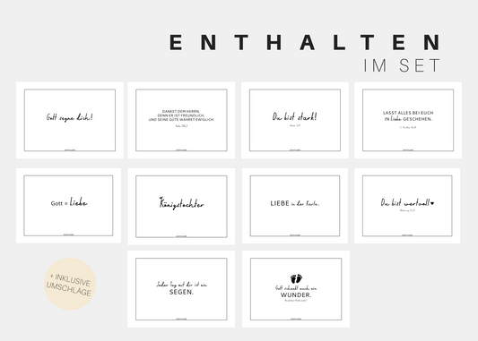 Das ALL-IN Set: Christliche Karten von ohmycard enthält 20 minimalistische Karten mit deutschen, inspirierenden Zitaten - jede mit einzigartiger handgeschriebener oder getippter Botschaft auf weißem Hintergrund.