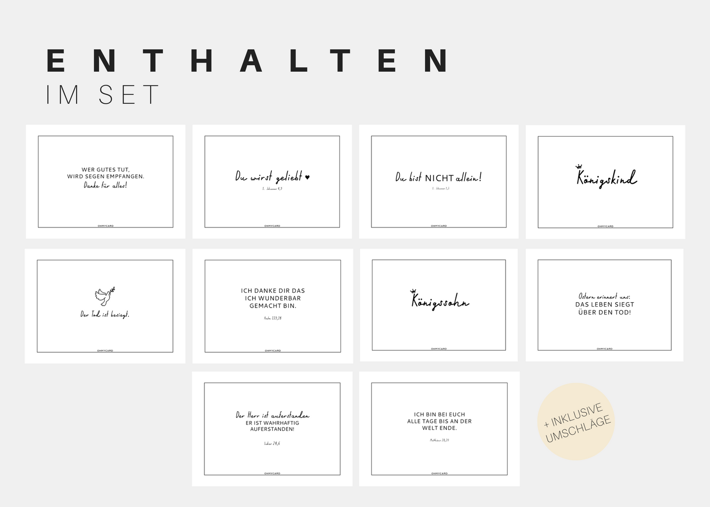 Das ALL-IN Set: Christliche Karten von ohmycard enthält 20 weiße Karten mit deutschen Sprüchen in schwarzer Schrift, jeweils in einem minimalistischen Design. Das Set ist in zwei Reihen angeordnet und wird mit Umschlägen geliefert - ideal für jeden Anlass.
