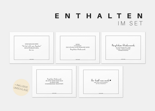 Das Best of "Hochzeitskarten" -Set von ohmycard enthält fünf minimalistische Karten mit schwarzen Zitaten auf Weiß, inklusive Umschlägen - ideal als Hochzeitskarten-Set oder Glückwunschkarte.