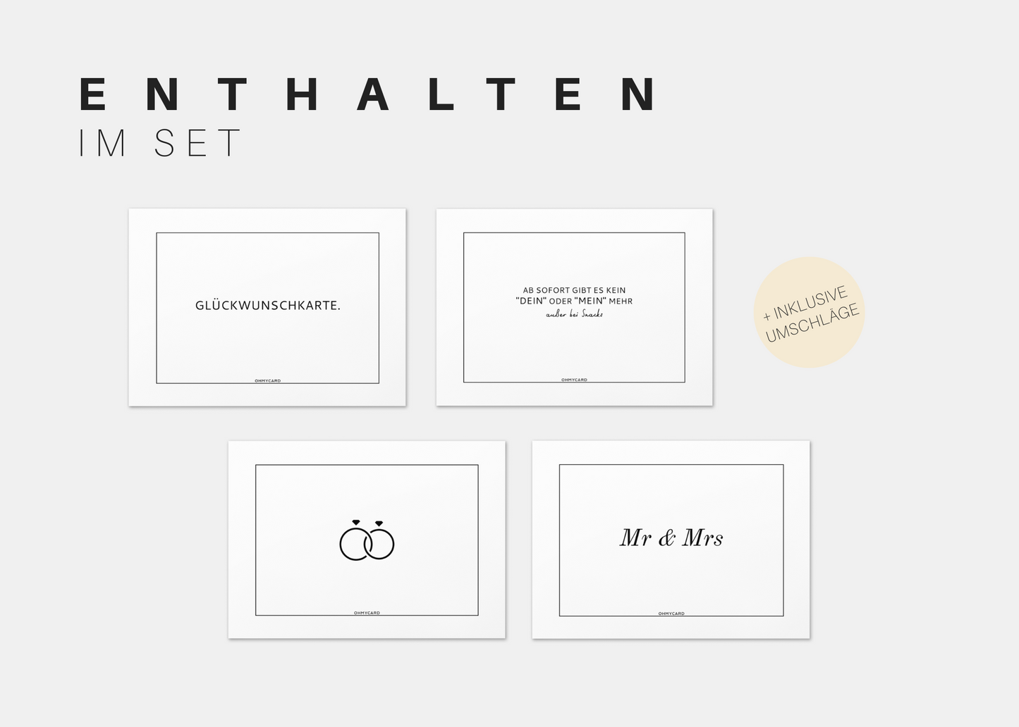 Vier elegante Hochzeitskarten aus dem Best of "Hochzeitskarten"-Set von ohmycard werden auf hellem Hintergrund gezeigt. Das Set enthält Glückwunschkarte, liebevolle Sprüche, zwei Ringe, Mr & Mrs und Umschläge.