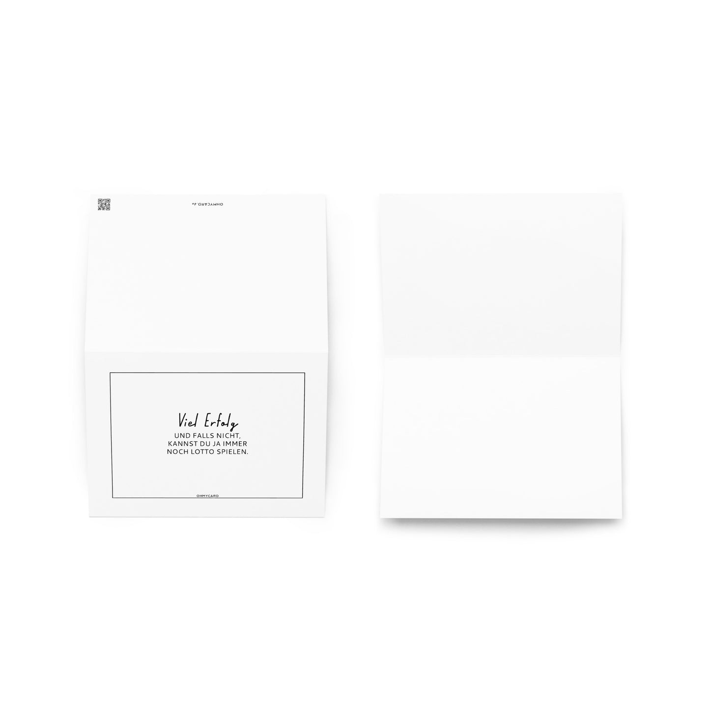 Zwei weiße Blanko-Grußkarten von ohmycard: eine geschlossen mit "Falls es nicht klappt, dann Lotto." und kleinerem deutschen Text, perfekt für Aufmunterungen oder Verabschiedungen; die andere offen, um einen leeren Innenraum für Ihre Nachricht zu zeigen.