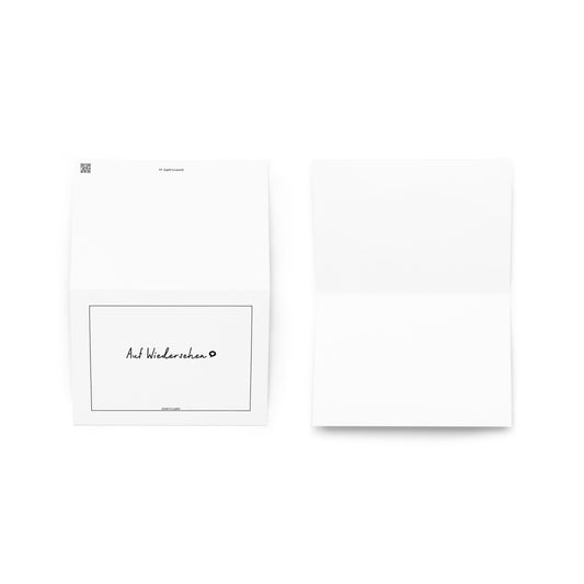 Zwei weiße ohmycard-Grußkarten sind abgebildet: links eine gefaltete "Auf Wiedersehen"-Karte mit dem Spruch auf der Vorderseite, rechts eine offene Karte, die ein leeres Innenteil zeigt.