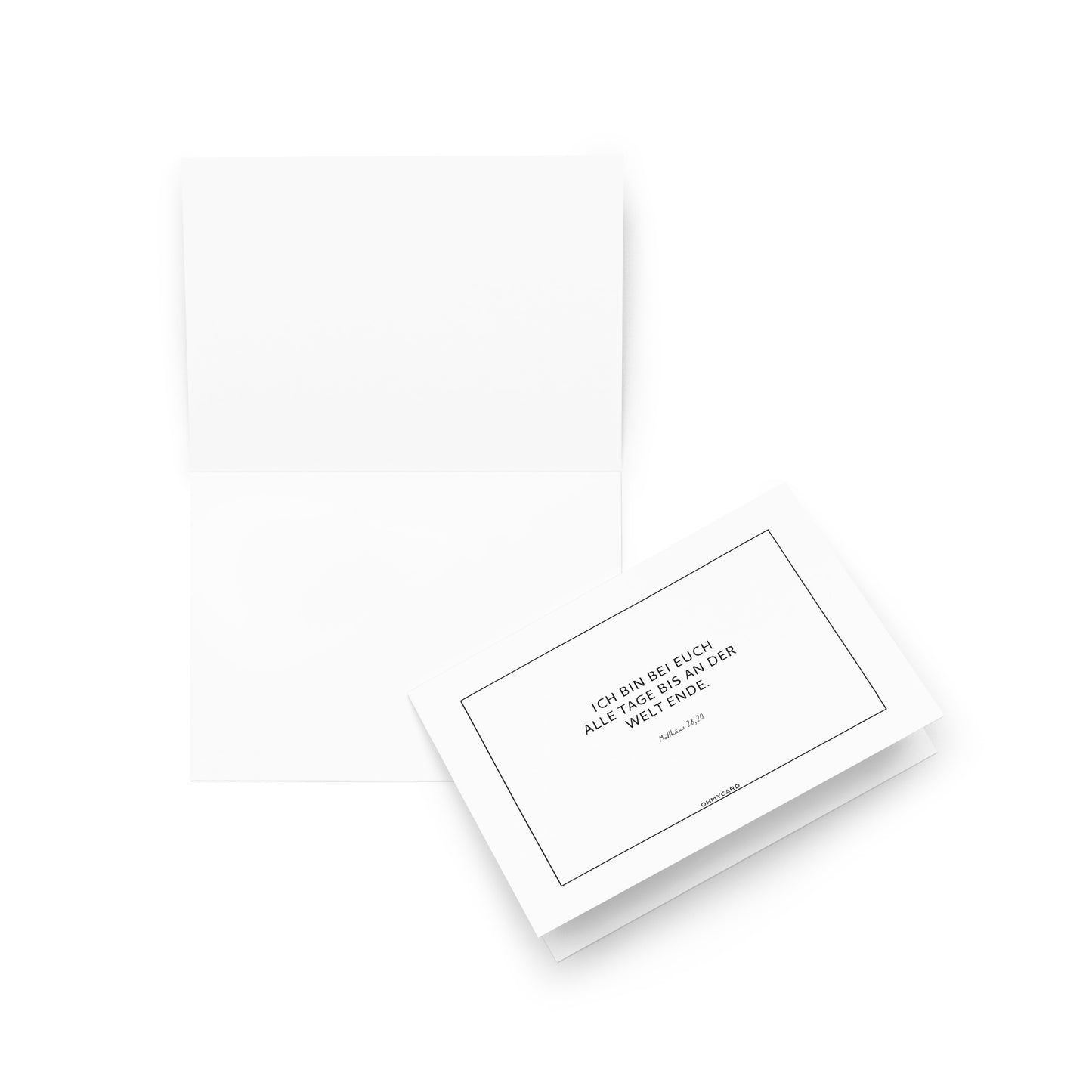 Die Grußkarte "Ich bin bei euch" von ohmycard mit deutschem Text bietet spirituelle Ermutigung und Gottes Nähe. Teilweise geöffnet auf weißem Hintergrund, spendet sie Trost und Inspiration.