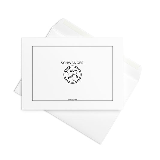 Die "Schwanger."-Karte von ohmycard zeigt SCHWANGER. über einer minimalen Spermien- und Ei-Illustration auf weißem Cardstock mit Umschlag - ideal als Baby-Ankündigung oder Schwangerschaftskarte.