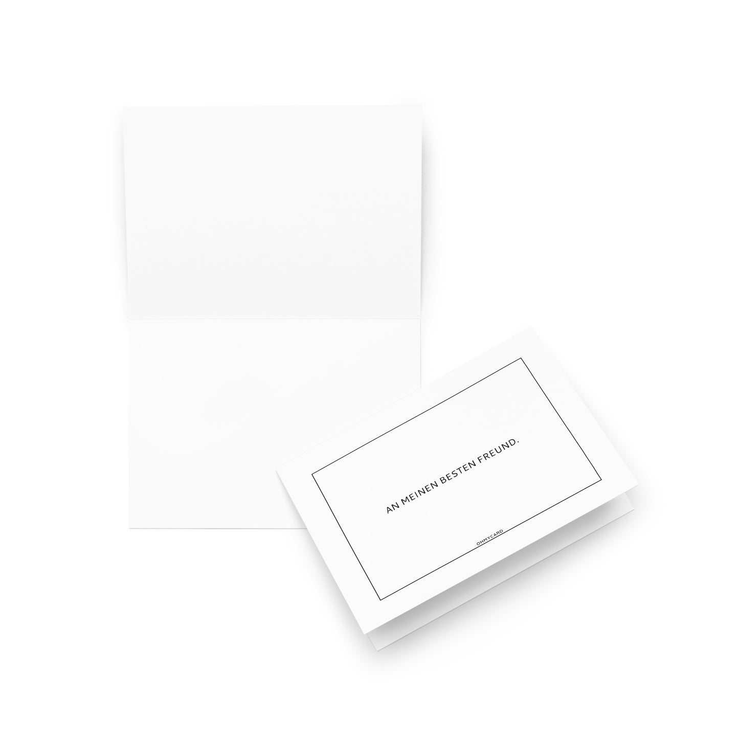 Die ohmycard "An meinen besten Freund" Karte ist ein minimalistisches weißes Design, das offen und geschlossen gezeigt wird. Die geschlossene Karte zeigt den schwarzen, zentrierten deutschen Text "AN MEINEN BESTEN FREUND." innerhalb eines dünnen rechteckigen Rahmens.