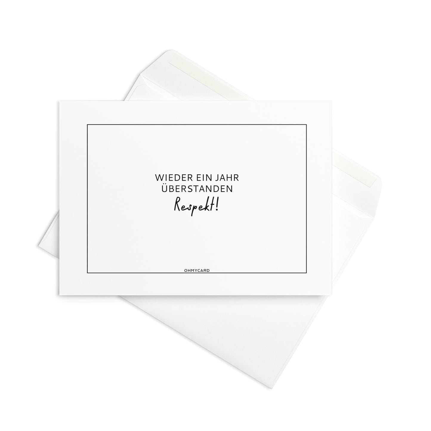 Die Beziehungskarte "Respekt" von ohmycard zeigt den schwarzen Text "Wieder ein Jahr überstanden. Respekt!" und liegt auf einem weißen Umschlag - perfekt als Karte für Paare oder zum Jahrestag.