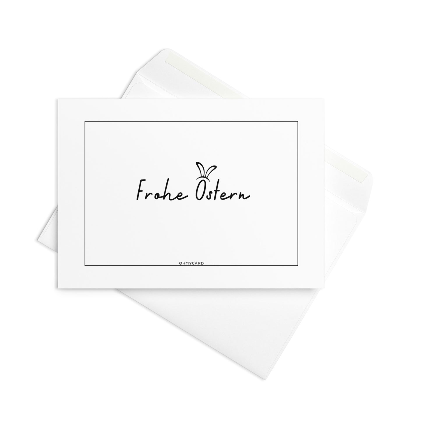 Die ohmycard "Frohe Ostern" zeigt Hasenohren über dem Text auf einer weißen Karte mit passendem Umschlag - ideal für Frühlingsgefühle oder als süße Überraschung.