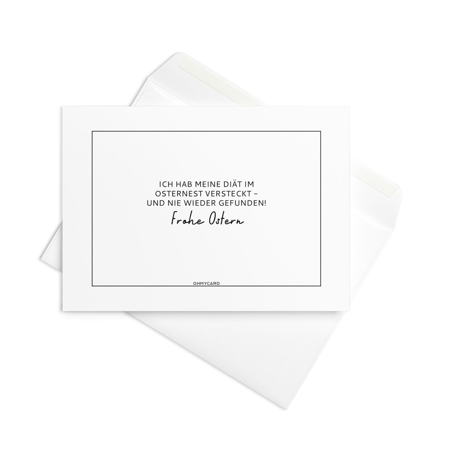 Die "Diät im Osternest versteckt" Osterkarte von ohmycard zeigt den Spruch: Ich hab meine Diät im Osternest versteckt - und nie wieder gefunden! Frohe Ostern. Perfekt als humorvolle Karte für Schokoladenliebhaber, mit passendem Umschlag.
