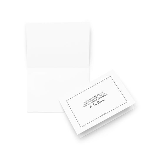 Das Bild zeigt die "Diät in Osternest versteckt" Osterkarte von ohmycard, offen und geschlossen; die geschlossene Karte zeigt den deutschen Text zentriert innerhalb eines dünnen schwarzen Randes, während die offene Karte eine leere weiße Innenseite hat.