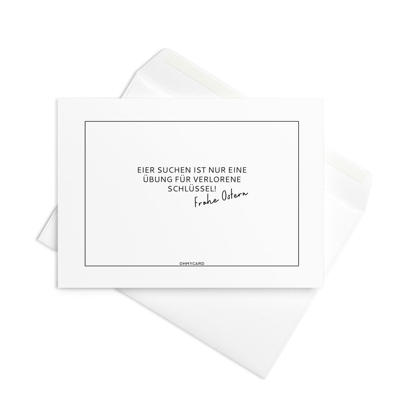 Die "Übung für verlorene Schlüssel" Osterkarte von ohmycard zeigt schwarzen deutschen Text auf Weiß: "Eier suchen ist nur eine Übung für verlorene Schlüssel! Frohe Ostern." Perfekt für Fans von Ostern-Humor. Die Karte liegt auf einem weißen Umschlag.