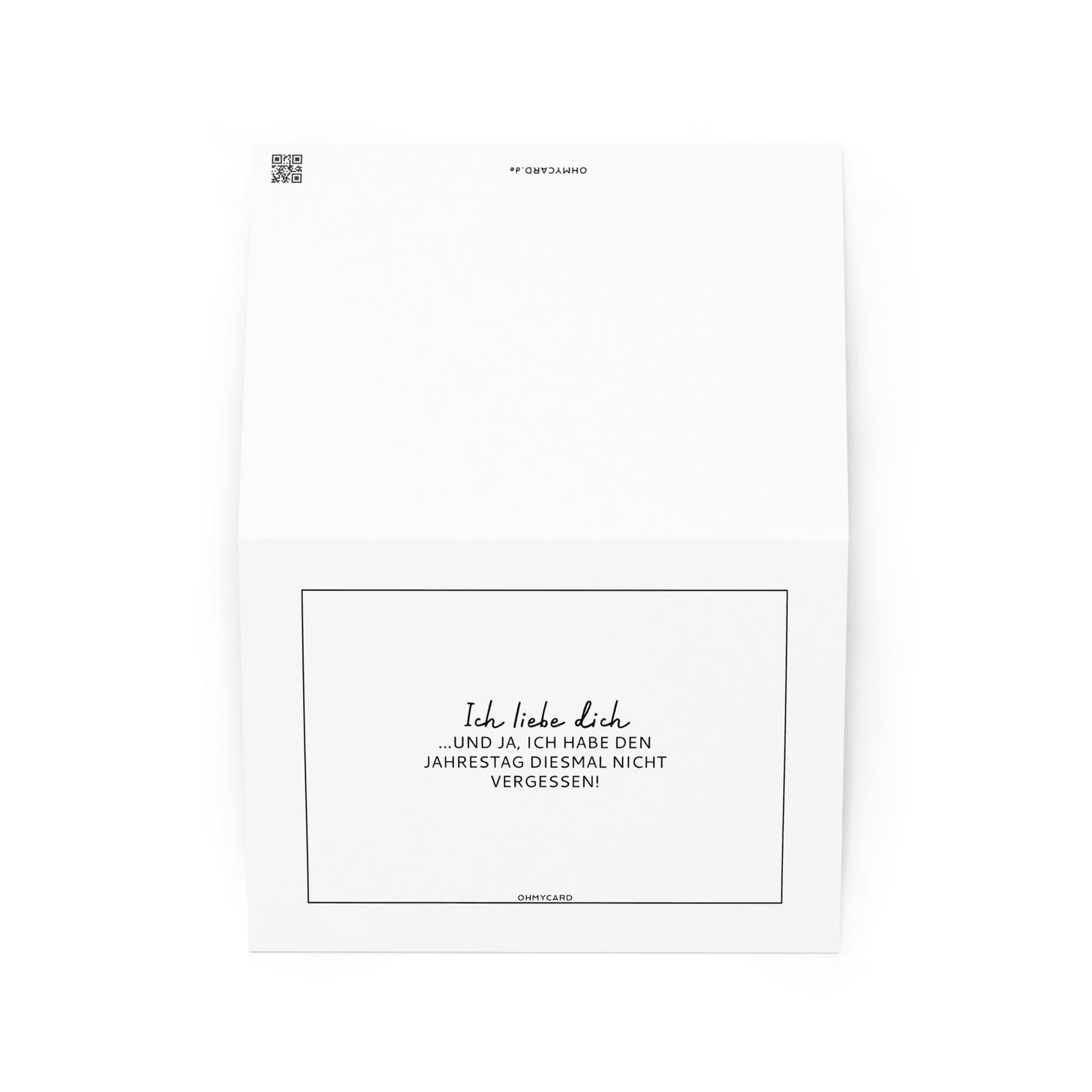 Die "Jahrestag nicht vergessen"-Karte von ohmycard: Weiße, humorvolle Grußkarte für Paare mit schwarzem Text auf Deutsch - perfekt als witzige Jahrestagskarte.