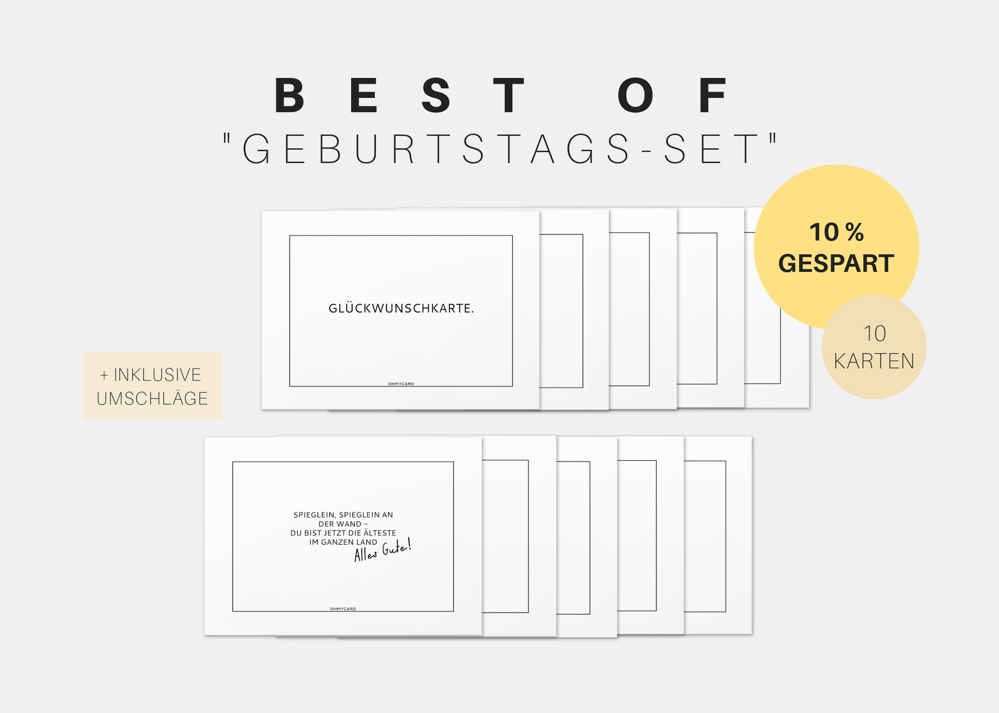 Image of the Best of "Geburtstagskarten"-Set von ohmycard mit 10 minimalistischen Glückwunschkarten mit einfachem Text, teilweise gestapelt, plus Umschläge und einem gelben Kreis mit der Aufschrift "10% gespart".