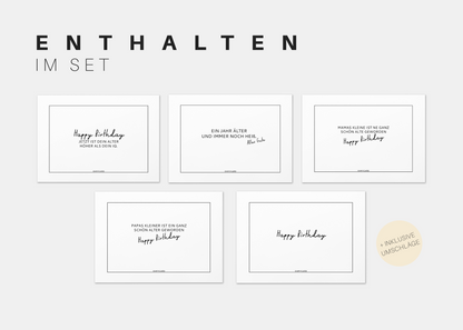 Das Best of "Geburtstagskarten"-Set von ohmycard zeigt fünf minimalistische Karten mit handgeschriebenen Botschaften in weißen Rahmen. Ein beiger Kreis rechts markiert "+ inklusive Umschläge" - ideal für stilvolle Geburtstagsgrüße.