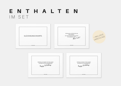 Das ohmycard Best of "Geburtstagskarten"-Set zeigt vier minimalistische Karten mit schwarzem Text auf Weiß und passenden Umschlägen. Die Überschrift "ENTHALTEN IM SET" steht für "included in the set".