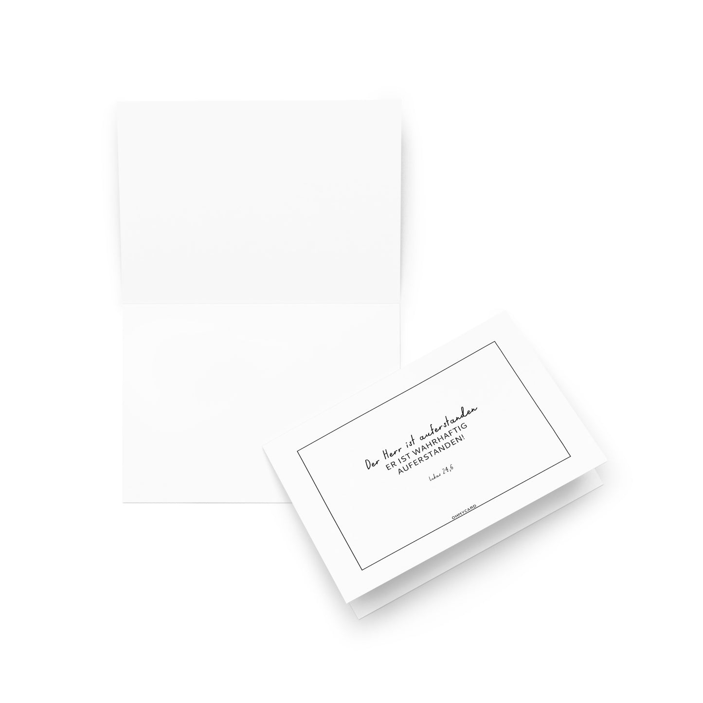 Eine offene weiße "Er ist auferstanden" christliche Karte von ohmycard wird mit einer anderen Karte obenauf gezeigt, auf der steht: "Unsere Leben werden immer miteinander verflochten sein. Ein Teil Freundschaft, alle Teile Verständnis. Immer, wir." in schwarzer Schrift.